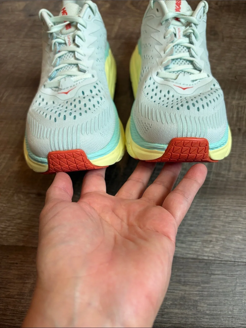 HOKA Clifton 7 Running Shoes Morning Women’s 10.5 Mist/Hot Coral NO INSOLES